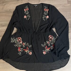 Express Black Top with Red and Green Floral Embroidery